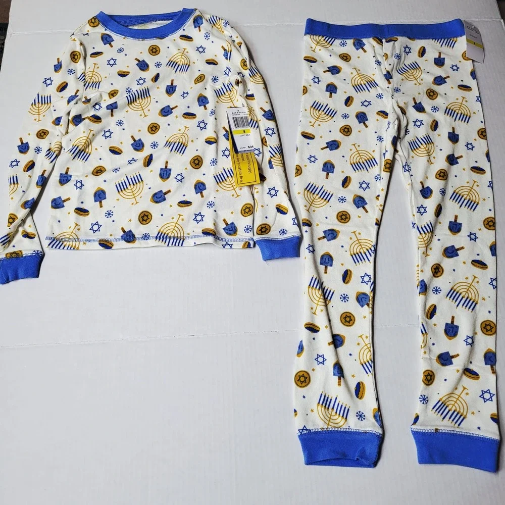 Max Olivia Kids Size 8 Hanukkah Pajama Set Long Sleeve Pants Dreidel Menorah NWT